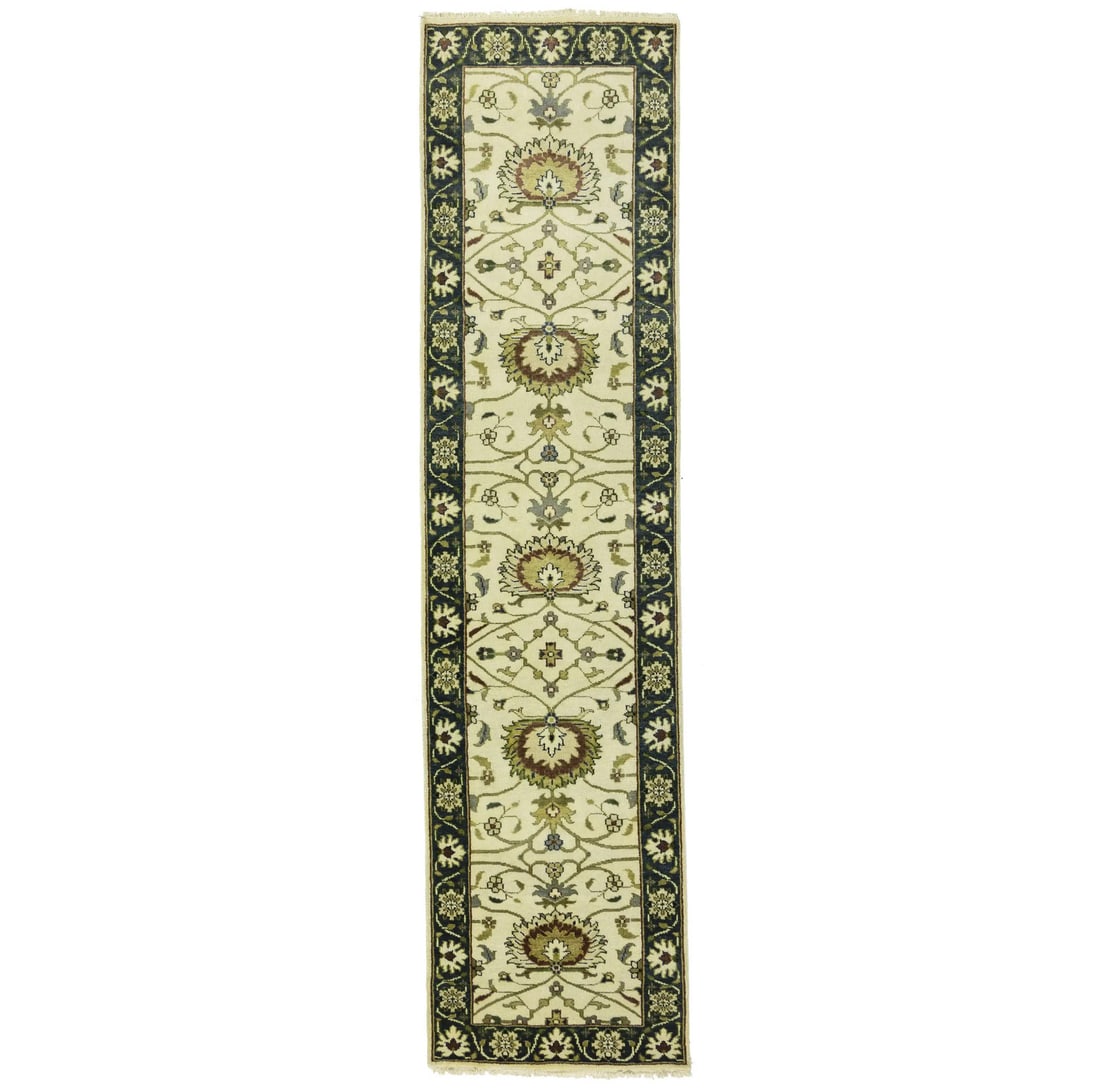 Hand Knotted Wool Peshawar Oushak Floral Runner 2'5 x 9'10: Hand Knotted Wool Peshawar Oushak Floral Runner 2'5 x 9'10 Enhance your space with this exquisite Peshawar Cream Oushak Chobi wool runner rug, featuring a beautiful floral design. Measuring 2'5" x 9'1