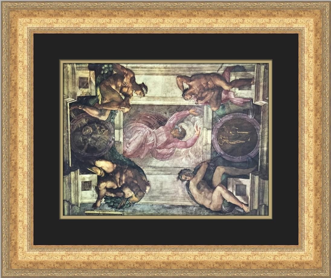 Michelangelo open edition lithograph in gold antique frame: Michelangelo open edition lithograph in gold antique frame This is a custom-framed, open edition offset lithograph print of Michelangelo's "Separation of the Light from the Darkness." Produced in 1961