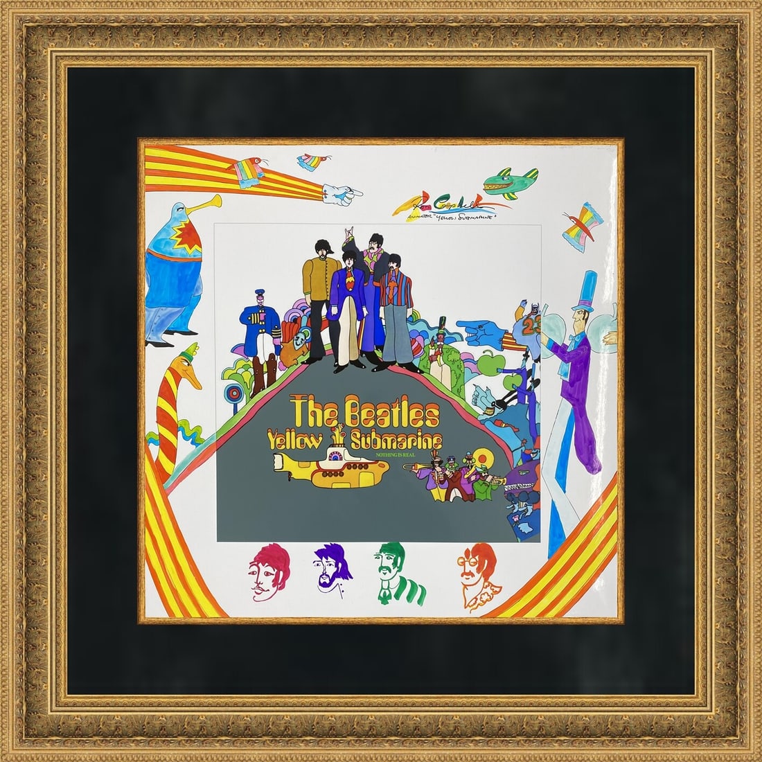 Signed Beatles Yellow Submarine poster art by Ron Campbell original: Signed Beatles Yellow Submarine poster art by Ron Campbell original Original hand drawn Beatles record album art by Ron Campbell, presented as a poster and custom framed. The piece is an original work