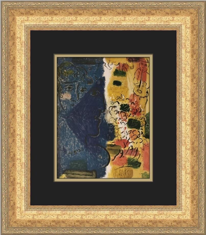 Marc Chagall Profile with Trumpet Player Custom Framed Art Print: Marc Chagall Profile with Trumpet Player Custom Framed Art Print This exquisite custom framed print titled 'Profile with Trumpet Player' by renowned artist Marc Chagall captures the essence of figurat