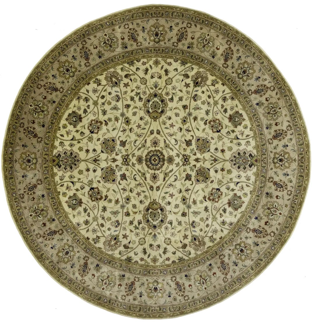 Hand-knotted wool floral round rug in beige tones 8 ft diameter: Hand-knotted wool floral round rug in beige tones 8 ft diameter This handmade round oriental rug features a classic floral design in cream, beige, khaki, olive green, brown, rust, and gold tones. Expe