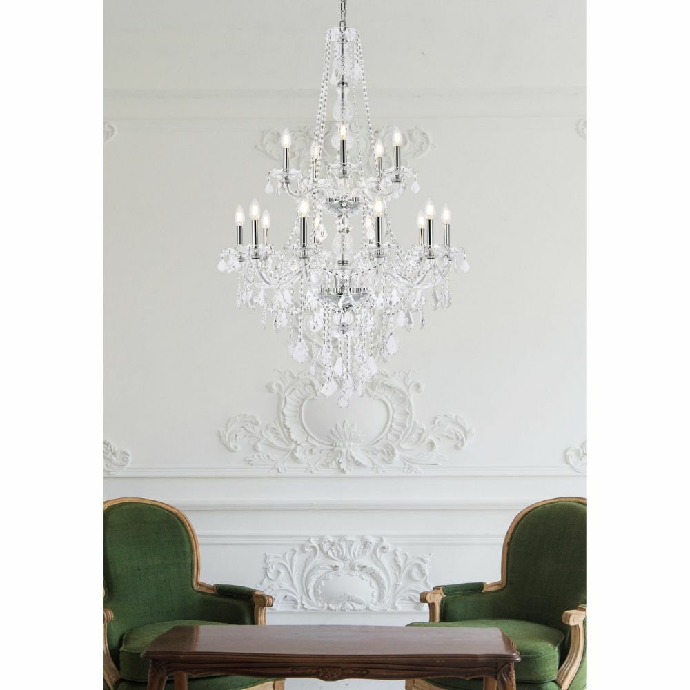 Verona 15 Light Chrome Crystal Foyer Chandelier 52 Inch: Verona 15 Light Chrome Crystal Foyer Chandelier 52 Inch This large crystal chandelier features a modern design with a chrome finish and clear royal cut French pendant crystals in the Venetian style. D