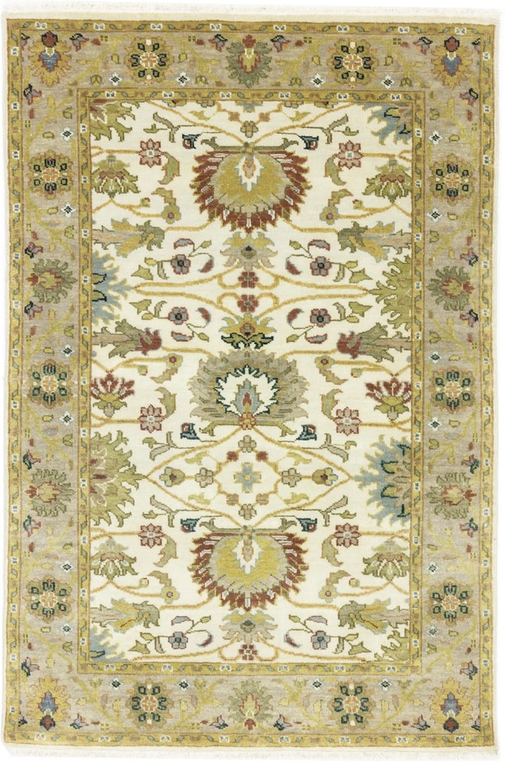 Handmade Wool Floral Peshawar Osh Chobi Rug 4x6 ft Modern Entryway Carpet: Handmade Wool Floral Peshawar Osh Chobi Rug 4x6 ft Modern Entryway Carpet This hand-knotted Peshawar Osh Chobi area rug features a floral pattern in cream, tan, blue-gray, gold, olive, brown, and rust