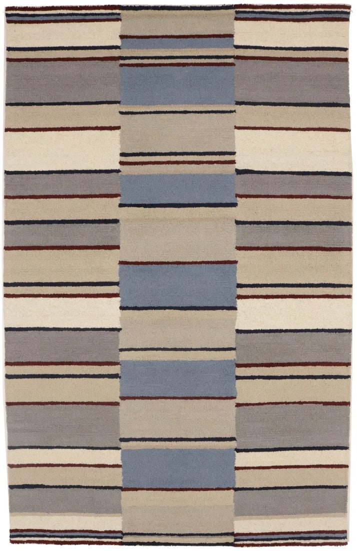 Hand-Tufted Wool 5x8 Modern Striped Multicolor Area Rug from India: Hand-Tufted Wool 5x8 Modern Striped Multicolor Area Rug from India This modern area rug features a vibrant multicolored striped design, hand-tufted from wool for a durable and soft texture. Its rectan