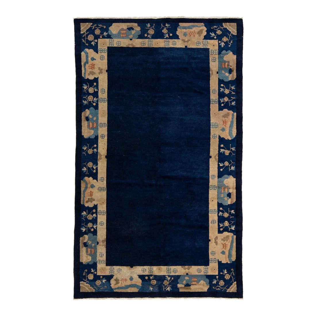 Antique Peking Chinese Wool Rug Navy Blue Floral Design 3'11 x 6'7: Antique Peking Chinese Wool Rug Navy Blue Floral Design 3'11 x 6'7 This exquisite early 20th century antique Peking Chinese wool rug showcases a rich navy blue field beautifully framed in light brown.