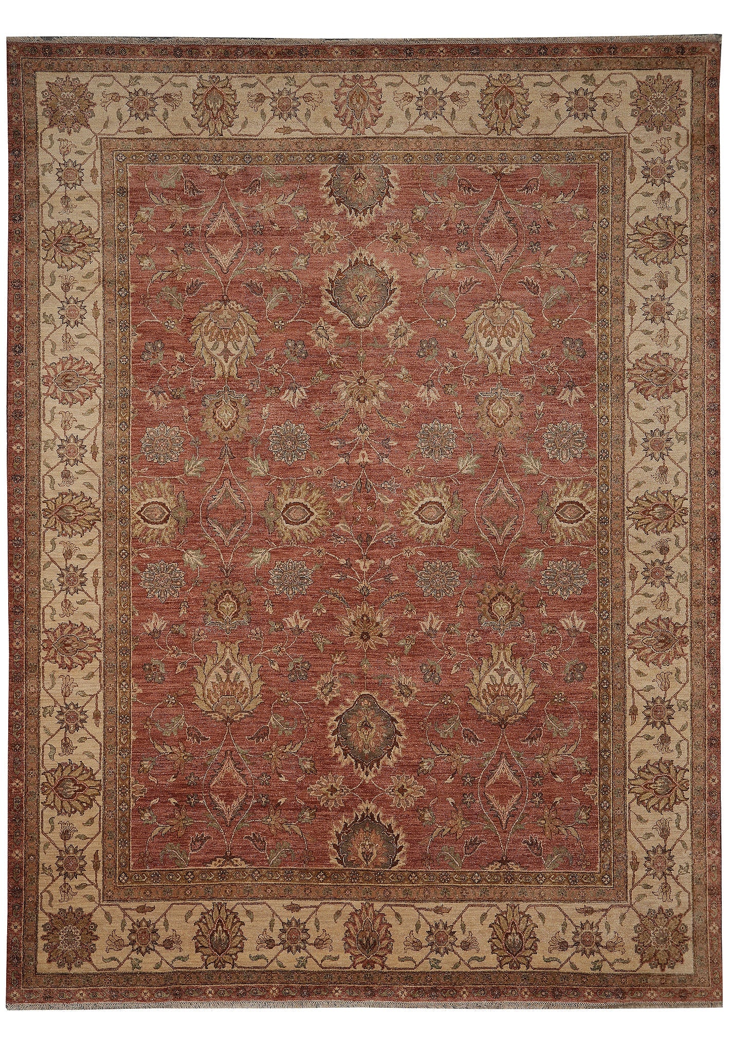 9 x 12.4 Hand Knotted Agra Rug Coral Wool Floral: 9 x 12.4 Hand Knotted Agra Rug Coral Wool Floral Free continental US Shipping This 9 x 12.4 Agra rug features a traditional Indian design with a coral color palette. It is hand-knotted from wool and s