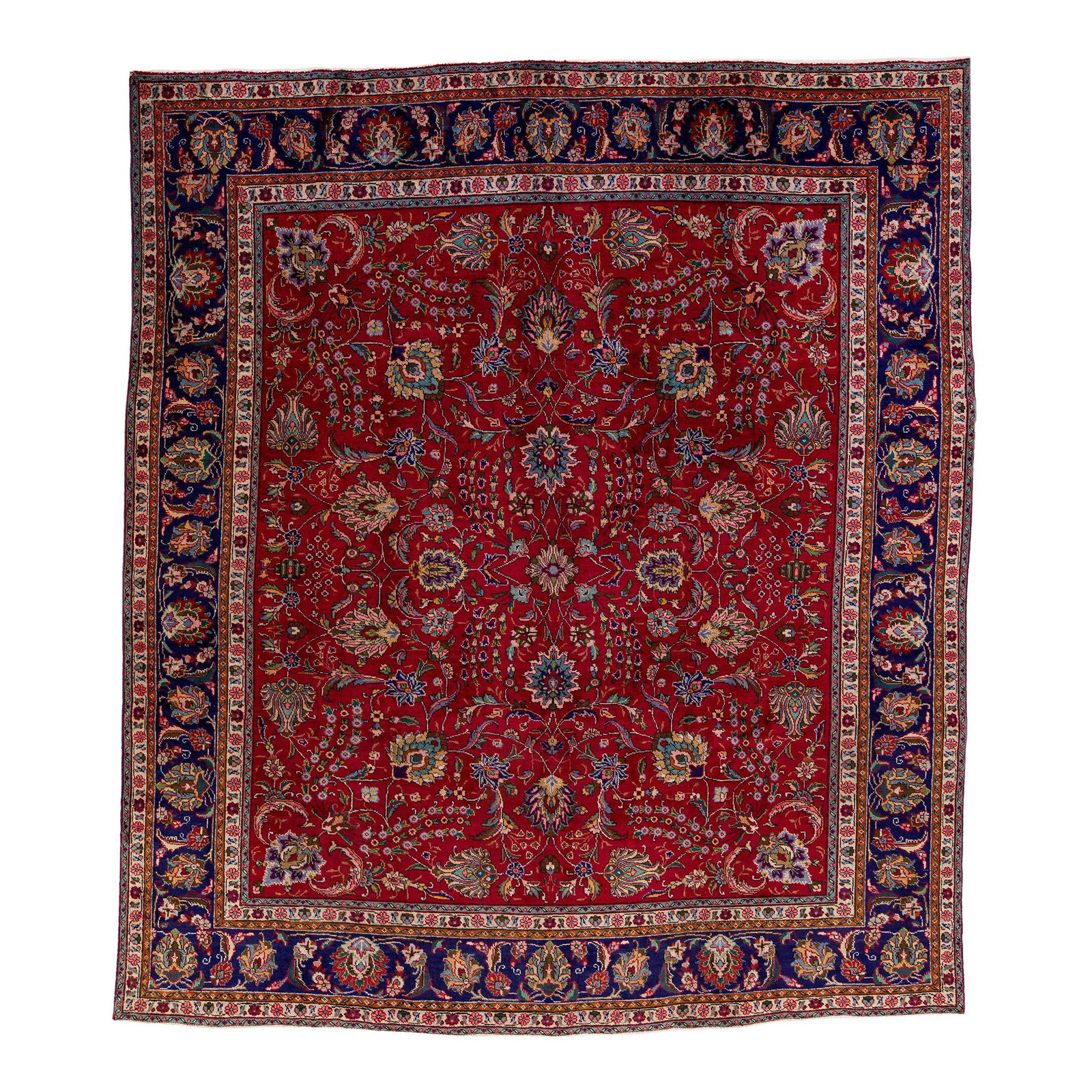 Vintage Persian Tabriz Hand-Knotted Floral Wool Rug 9'8" x 11'10" Red: Vintage Persian Tabriz Hand-Knotted Floral Wool Rug 9'8" x 11'10" Red This exquisite vintage Persian Tabriz rug showcases a stunning red color field, beautifully complemented by a blue frame and vibra