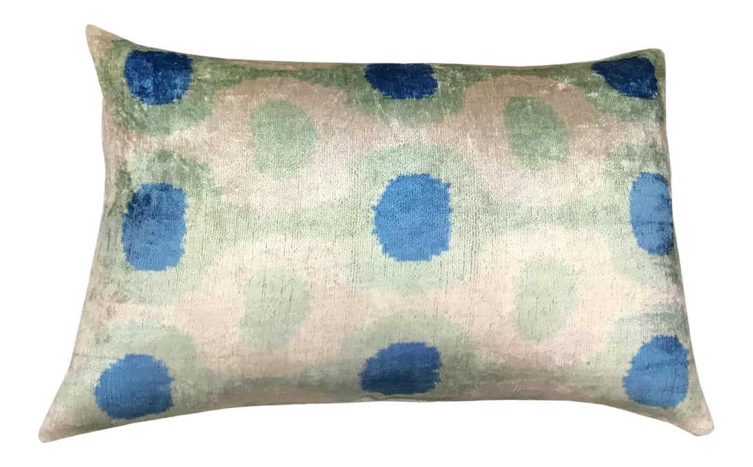 Handcrafted Uzbek Silk Ikat Velvet Pillow With Down Insert 16x24: Handcrafted Uzbek Silk Ikat Velvet Pillow With Down Insert 16x24 This hand made pillow cushion features a Silk Uzbek Ikat velvet front with a natural linen backing and a hidden zipper for a seamless l
