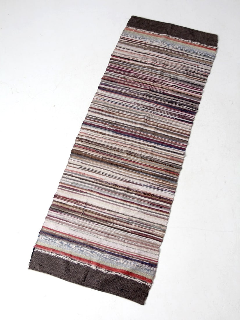 Vintage Hand-Loomed American Rag Rug Runner 88x31 Rustic Striped Design: Vintage Hand-Loomed American Rag Rug Runner 88x31 Rustic Striped Design This vintage American rag rug runner features a hand-loomed design with a timeless striped pattern in muted tones, complemented 