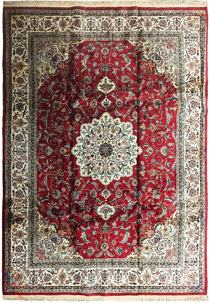 Luxurious 9 x 12 Hand-Knotted Silk Tabriz Rug Red Ivory: Luxurious 9 x 12 Hand-Knotted Silk Tabriz Rug Red Ivory Free continental US Shipping Indulge in the luxury of the 9 x 12 Silk Handmade Rug, a stunning centerpiece that elevates any living space with i