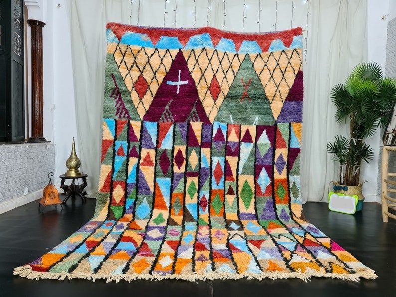Handmade Moroccan Berber Wool Rug with Church Design 9.84 x 6.56 ft: Handmade Moroccan Berber Wool Rug with Church Design 9.84 x 6.56 ft Enhance your space with this Luxury Colorful Handmade Moroccan Berber Wool Area Rug. Inspired by the church style of North Africa, t