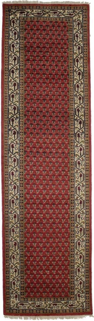 Hand-knotted wool floral runner rug 2'10 x 9'11: Hand-knotted wool floral runner rug 2'10 x 9'11 This is a handmade Oriental runner rug featuring an allover floral pattern, crafted using hand-knotted wool. The rug displays a variety of colors includ