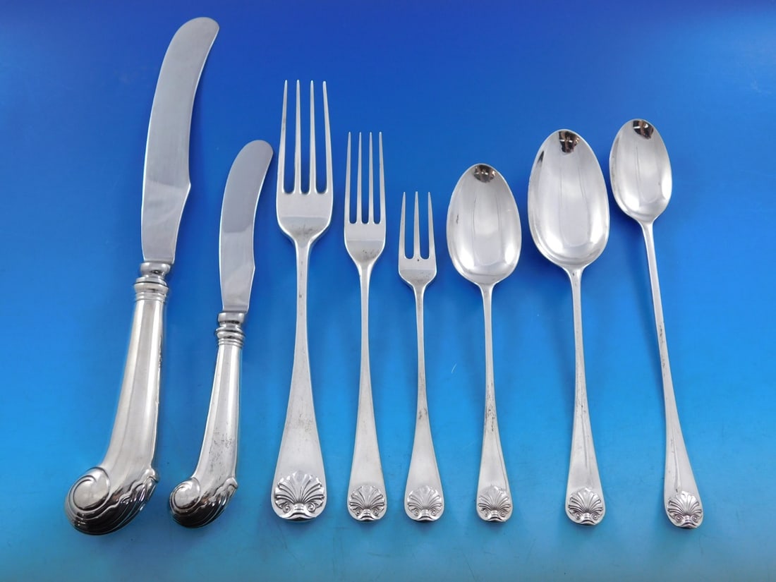 99 Piece Stieff Williamsburg Shell Sterling Silver Flatware Set for 12 (1 of 8)