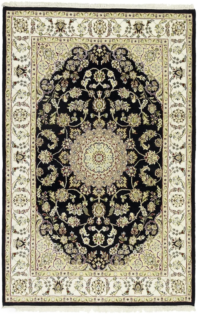 Handmade Wool Indo-Nain Navy Floral Area Rug 4'0 x 6'2 One-of-a-Kind: Handmade Wool Indo-Nain Navy Floral Area Rug 4'0 x 6'2 One-of-a-Kind Enhance your living space with this exquisite Handmade Wool Indo-Nain Oriental Rug, featuring a classic medallion floral design. Cr