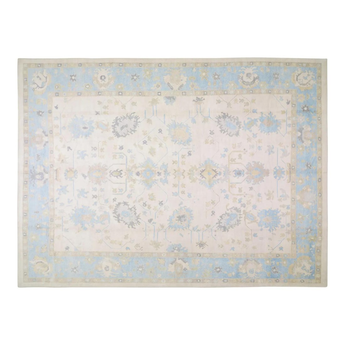 Blue Turkish Oushak Wool Area Rug 13x18: Blue Turkish Oushak Wool Area Rug 13x18 This Turkish Oushak rug is hand-knotted from wool using traditional rug-making techniques. It features a blend of classic craftsmanship and modern design, resul