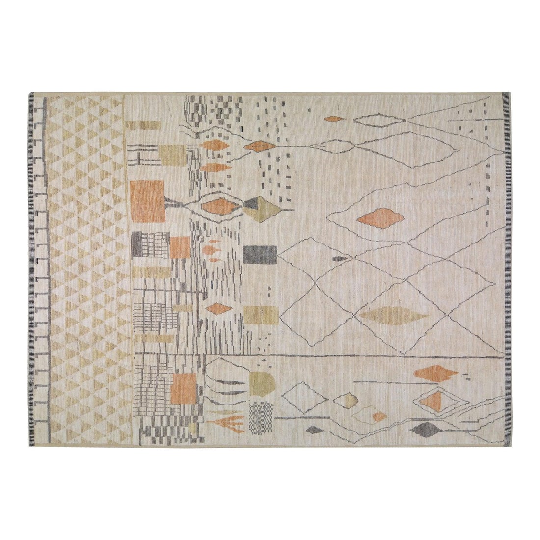 Tan Wool Area Rug Hand Knotted Moroccan Style 10'x13'9": Tan Wool Area Rug Hand Knotted Moroccan Style 10'x13'9" This Moroccan hand-knotted wool rug showcases traditional craftsmanship with a modern design sensibility. The rug is crafted from high-quality w