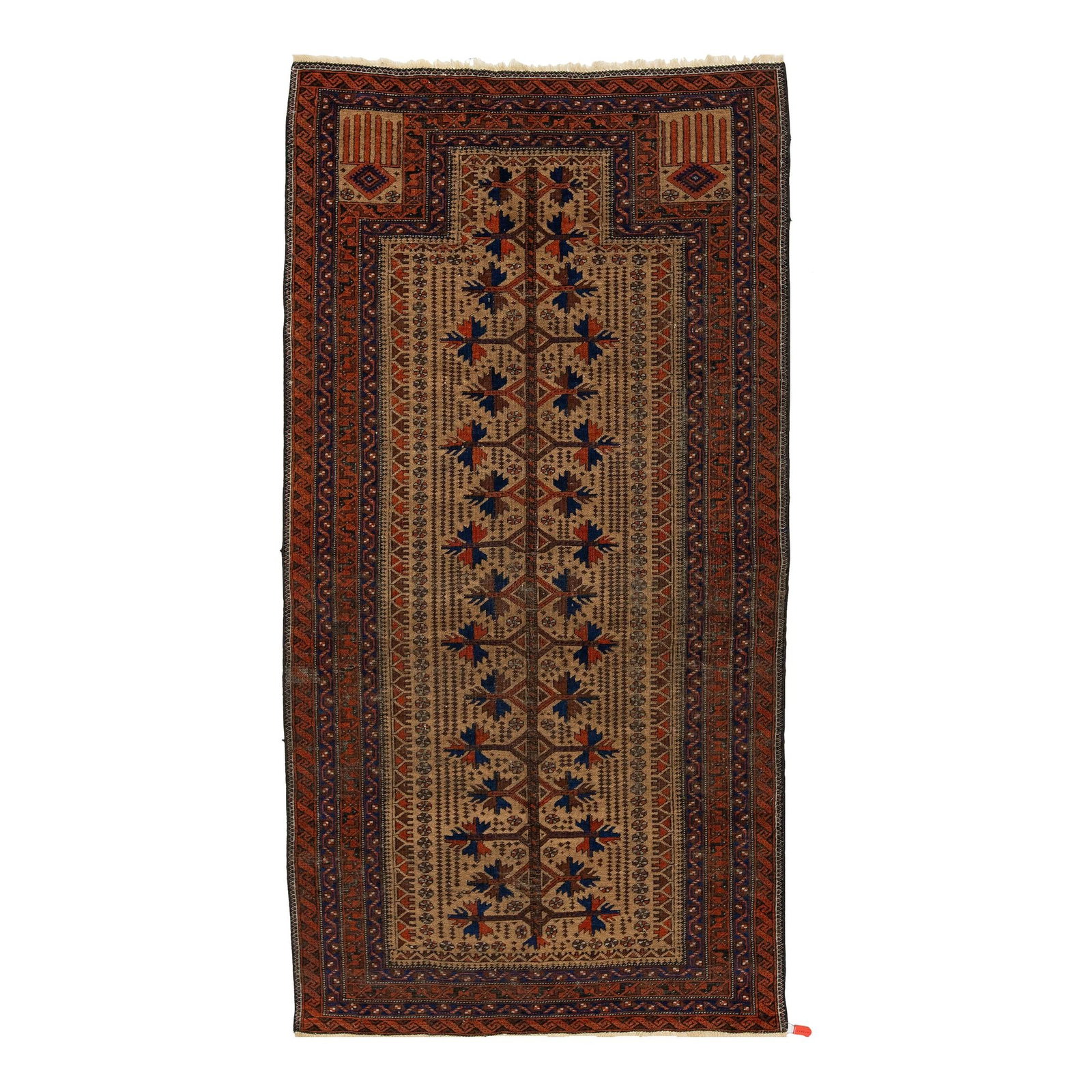Antique Turkmen Wool Rug 3'4 x 6'4 Geometric Design Brown: Antique Turkmen Wool Rug 3'4 x 6'4 Geometric Design Brown This exquisite antique hand-knotted wool rug hails from Turkmenistan, showcasing a rich brown field adorned with striking blue and terracotta 