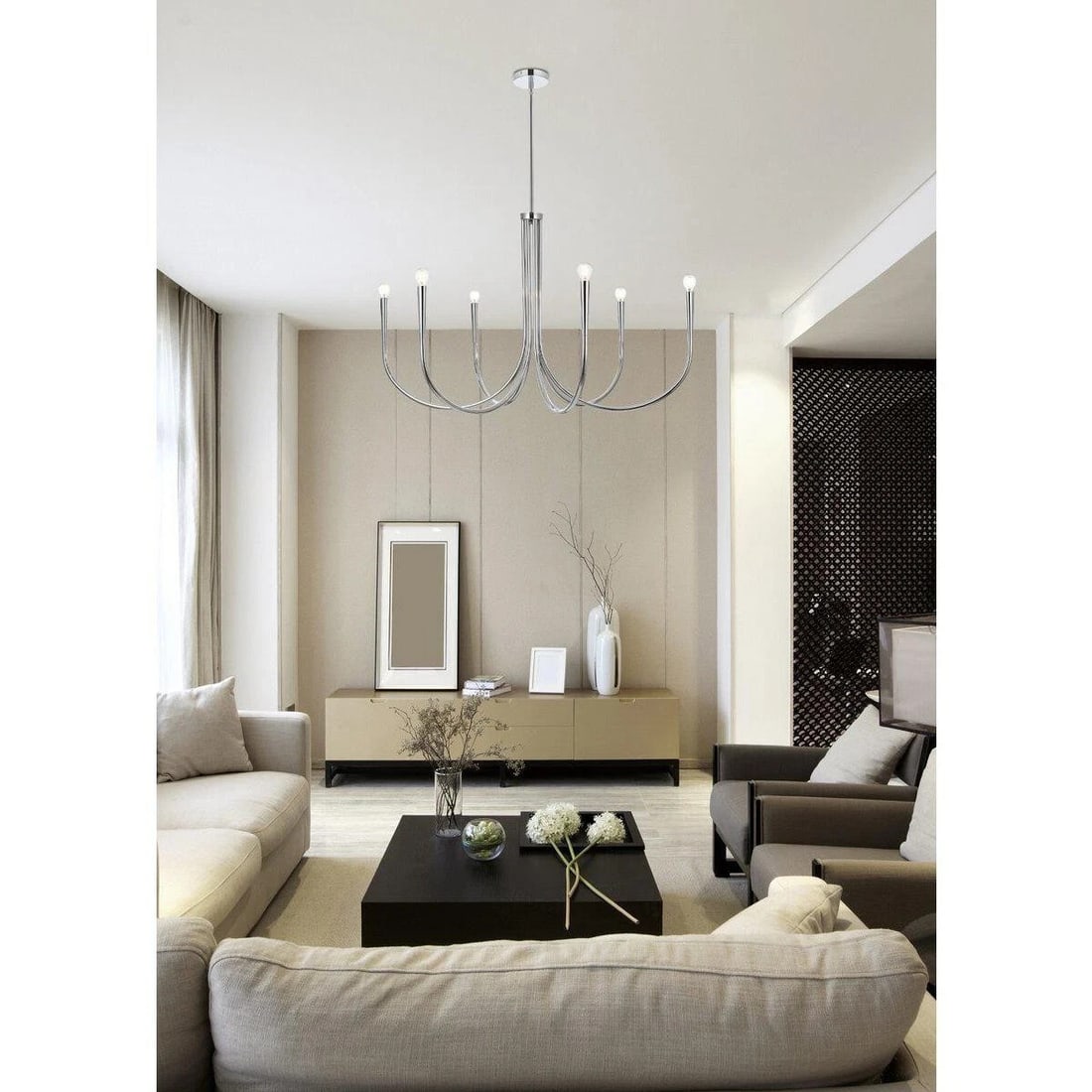 Living District Layne 6 Light Chrome Chandelier 42 Inch: Living District Layne 6 Light Chrome Chandelier 42 Inch This modern 6-light chandelier features a large chrome-colored metal frame in the style of modern farmhouse wrought iron. Designed for versatile