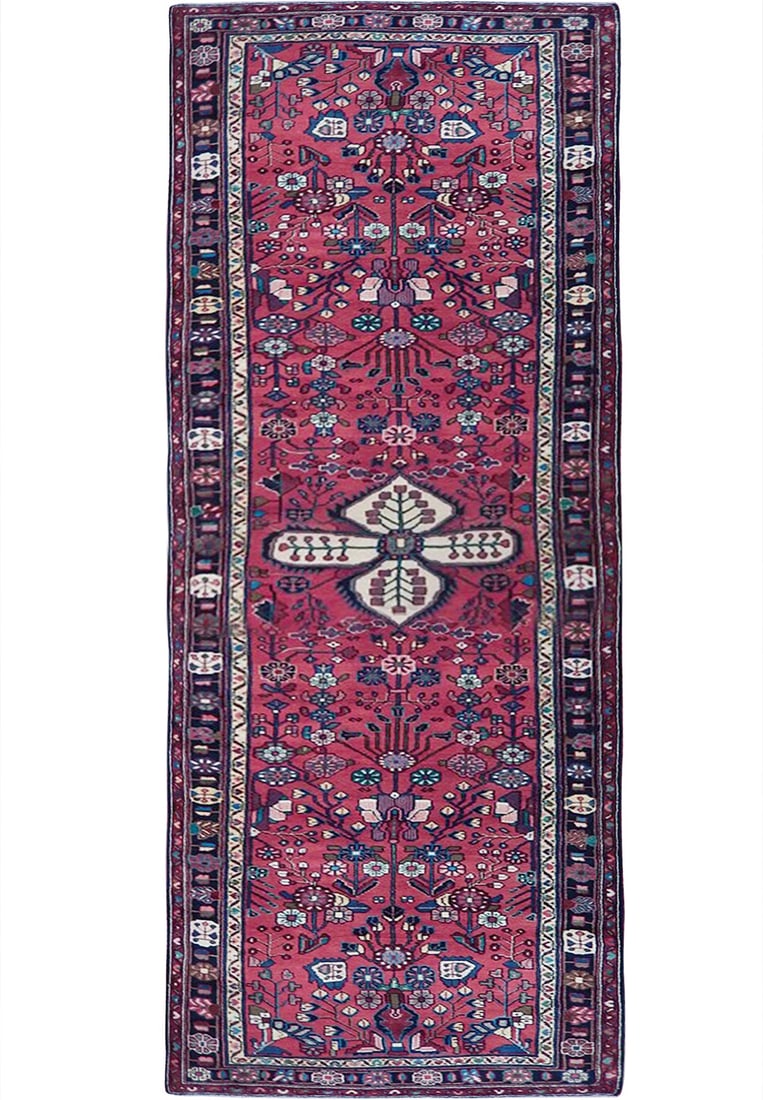 Handcrafted 3.8 x 12.8 Red Flowers Persian Hamadan Runner Rug (1 of 6)