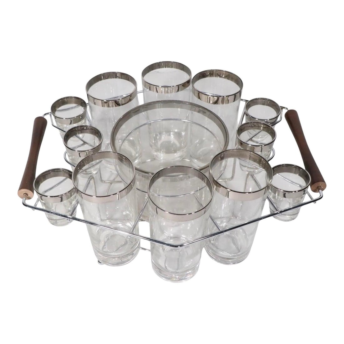 13-Piece Silver Banded Glass Barware Set With Chrome Wood Caddy: 13-Piece Silver Banded Glass Barware Set With Chrome Wood Caddy Elegant mid-century drink set featuring 12 silver banded glasses, a matching silver banded ice bucket, and a chrome and wood caddy. The 