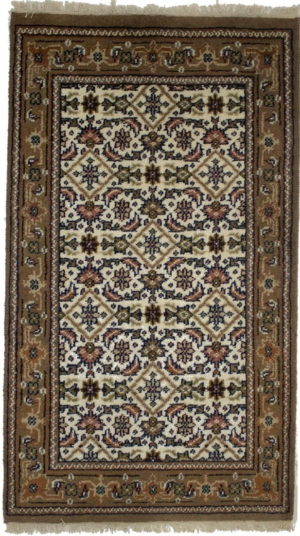3x5 Wool Indo-Bidjar Rug Cream Tribal Floral Hand-Knotted Oriental Carpet: 3x5 Wool Indo-Bidjar Rug Cream Tribal Floral Hand-Knotted Oriental Carpet This hand-knotted Indo-Bidjar rug features a tribal floral pattern in cream, khaki, brown, navy, light olive, and caramel tone