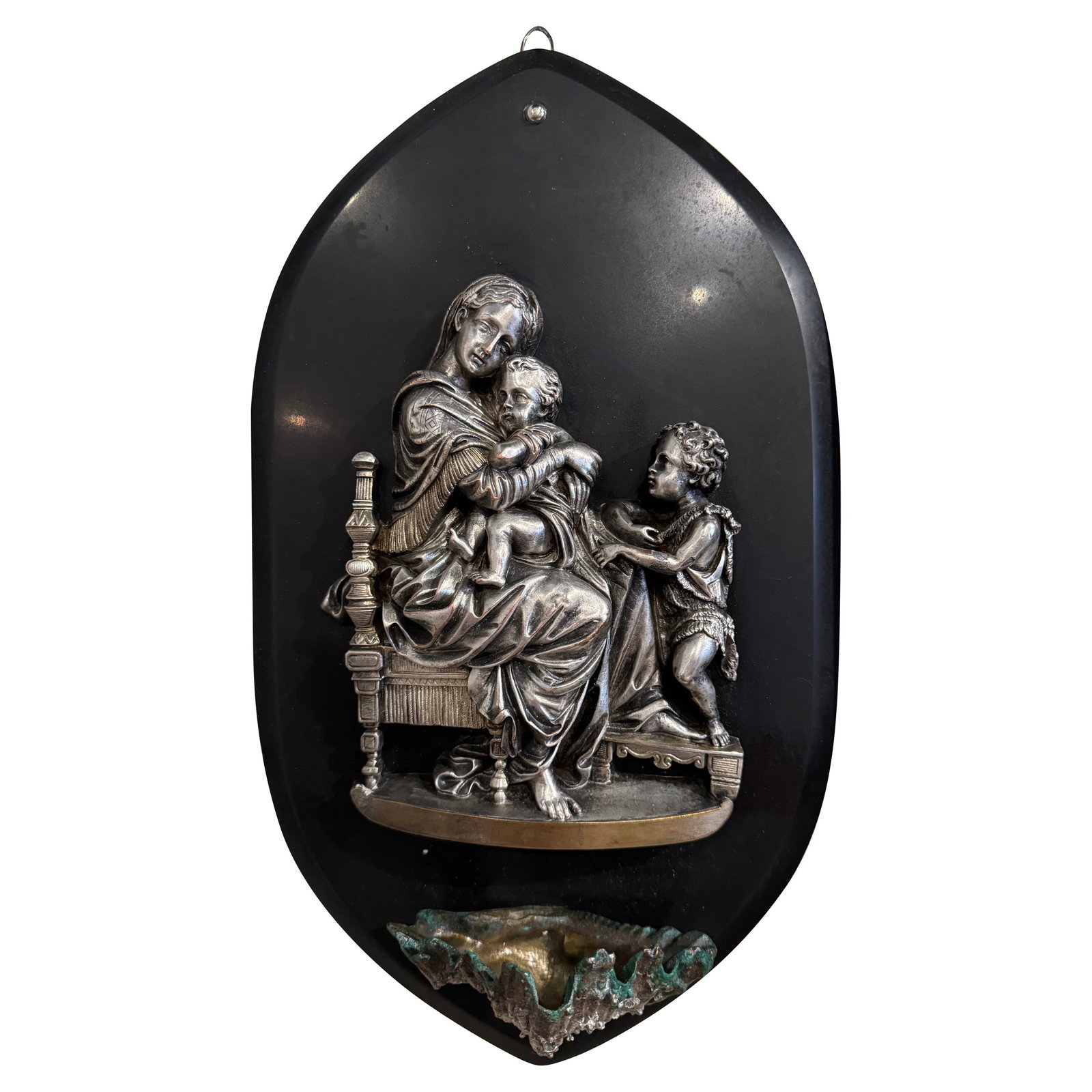 Early 20th Century French Silvered Pewter Holy Water Stoup with Virgin Mary and Jesus (1 of 8)