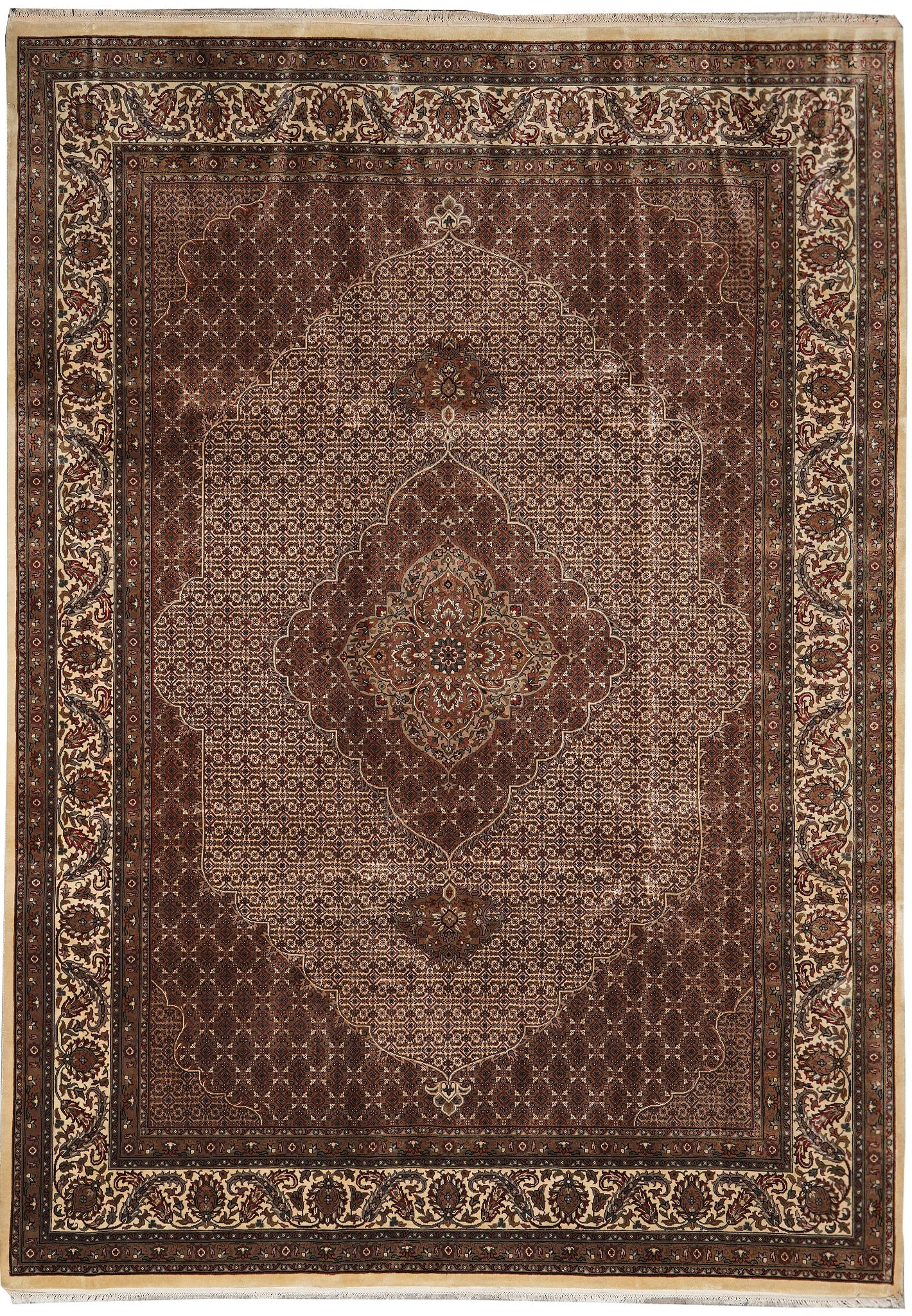 8.3 x 11 Handmade Mahi Tabriz Persian Rug Wool and Silk Blend: 8.3 x 11 Handmade Mahi Tabriz Persian Rug Wool and Silk Blend Free continental US Shipping This handmade Tabriz Mahi rug is crafted from a premium blend of natural wool and silk. Showcasing the classi