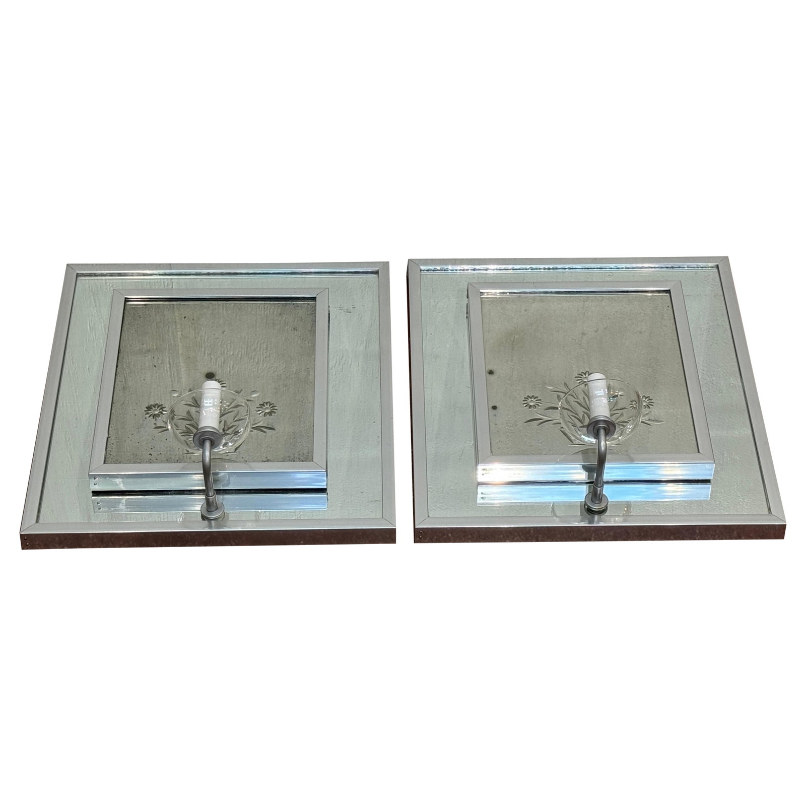1960s French Modern Engraved Floral Mirror Crystal Wall Sconce Pair (1 of 9)