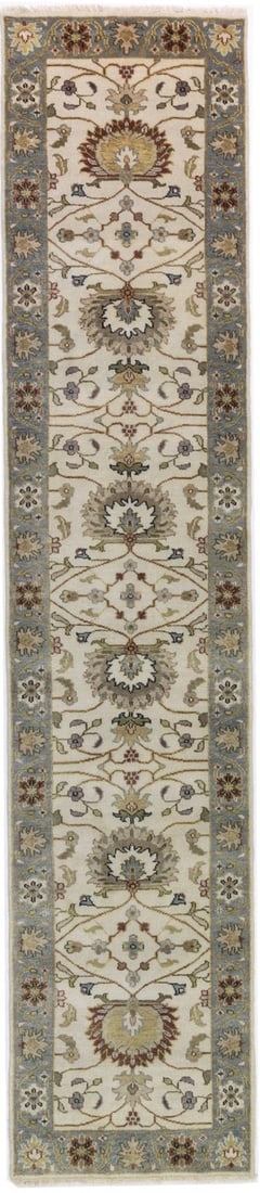 2'6 x 11'9 Hand-Knotted Wool Peshawar Chobi Floral Runner Rug: 2'6 x 11'9 Hand-Knotted Wool Peshawar Chobi Floral Runner Rug This Peshawar Chobi runner rug features a hand-knotted wool construction with a modern floral pattern in cream, blue-gray, tan, gold, oliv
