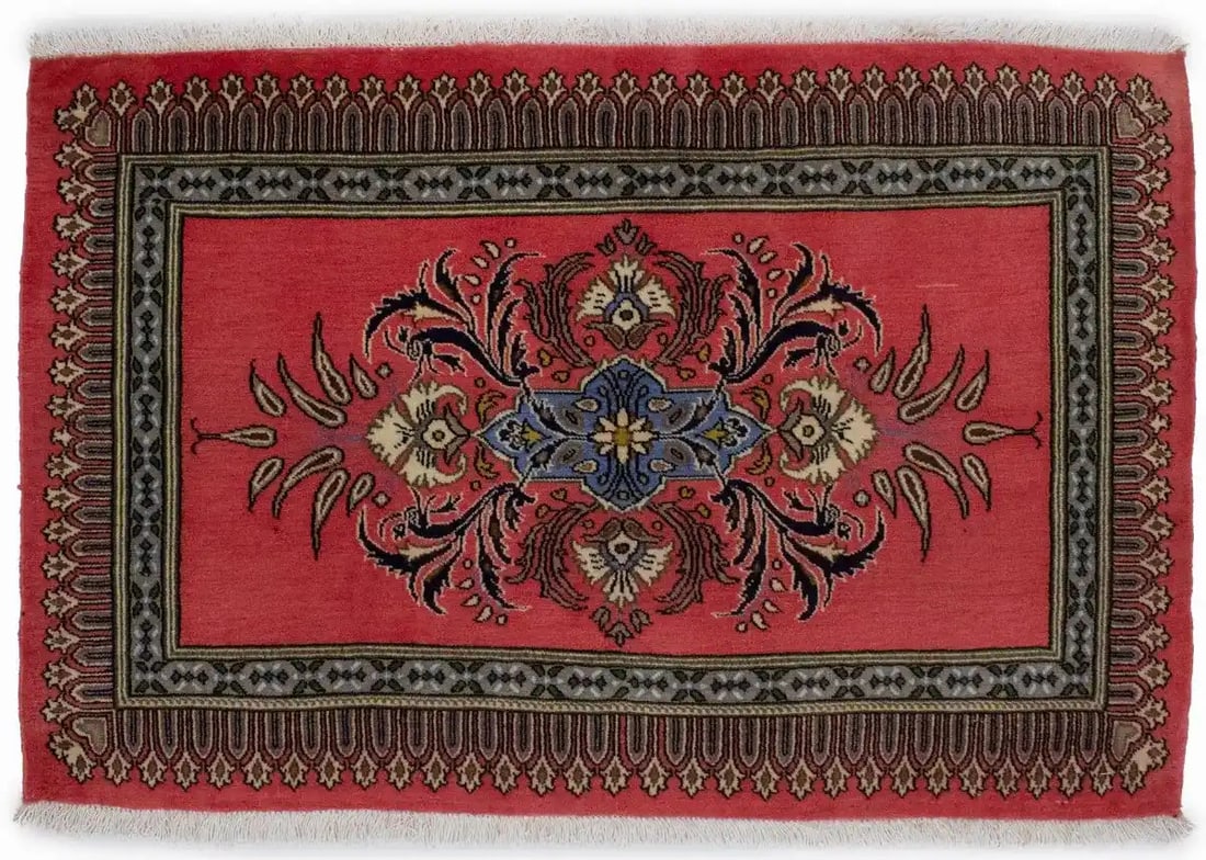 Hand-Knotted Wool Floral Rug 2'2 x 3'3 Coral Red Entryway Accent: Hand-Knotted Wool Floral Rug 2'2 x 3'3 Coral Red Entryway Accent This is a handmade Oriental area rug featuring a coral red background with a floral design. Crafted from wool using a hand-knotted tech