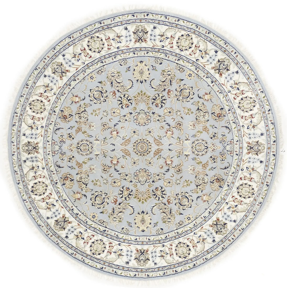 Handmade Round Indo-Nain Floral Rug Wool Silk 6'6 Modern Decor: Handmade Round Indo-Nain Floral Rug Wool Silk 6'6 Modern Decor Enhance your home with this exquisite Handmade Round Indo-Nain Oriental Rug, featuring a stunning floral medallion design. Measuring 6'6"