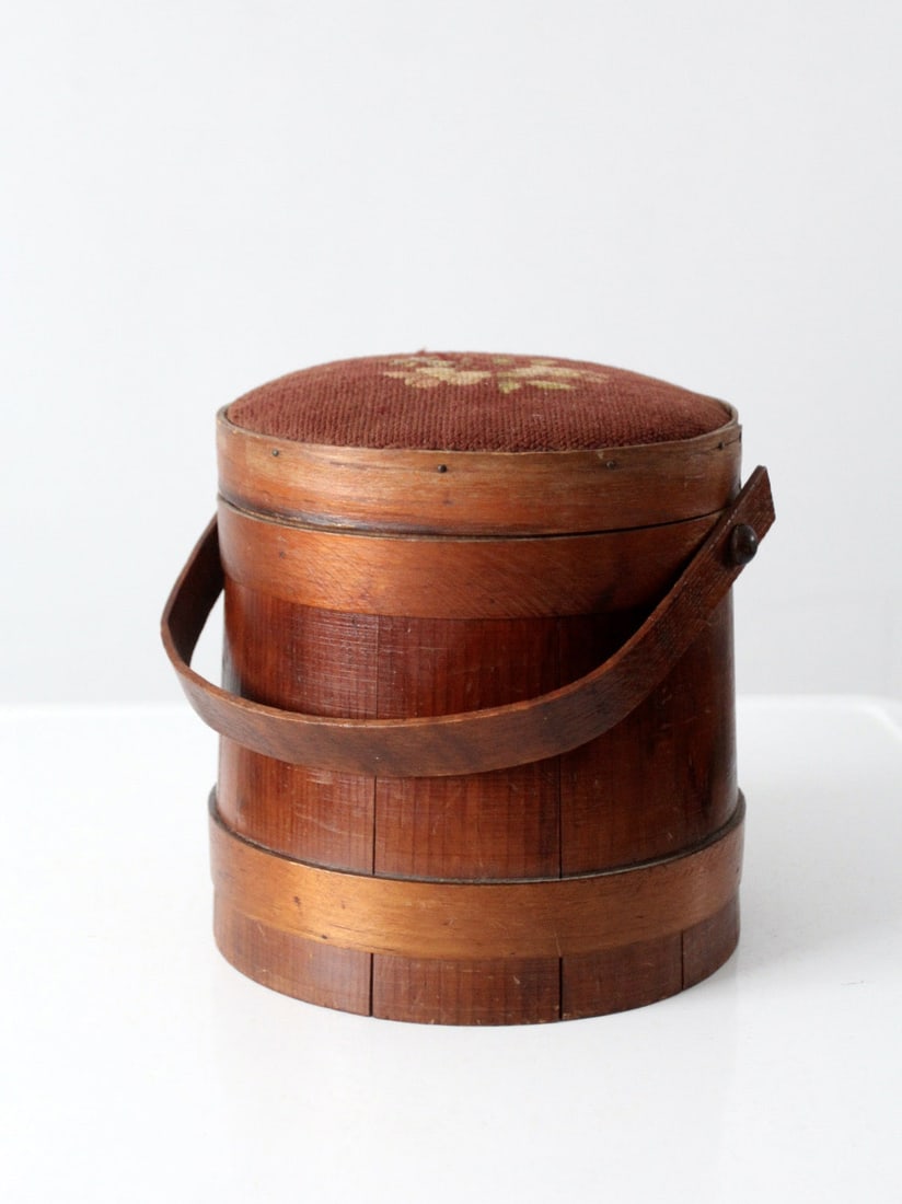 Wooden Firkin Sugar Bucket With Floral Needlepoint Top (1 of 17)