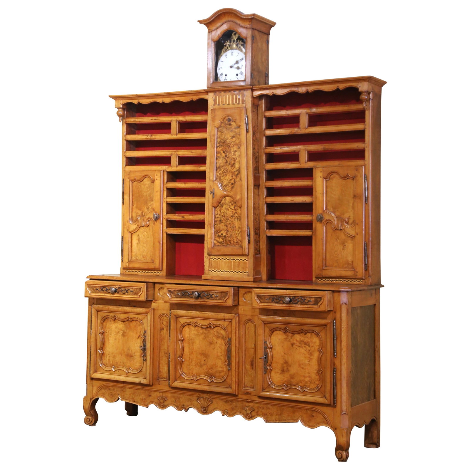 French Louis XV walnut burlwood vaisselier clock cabinet (1 of 18)