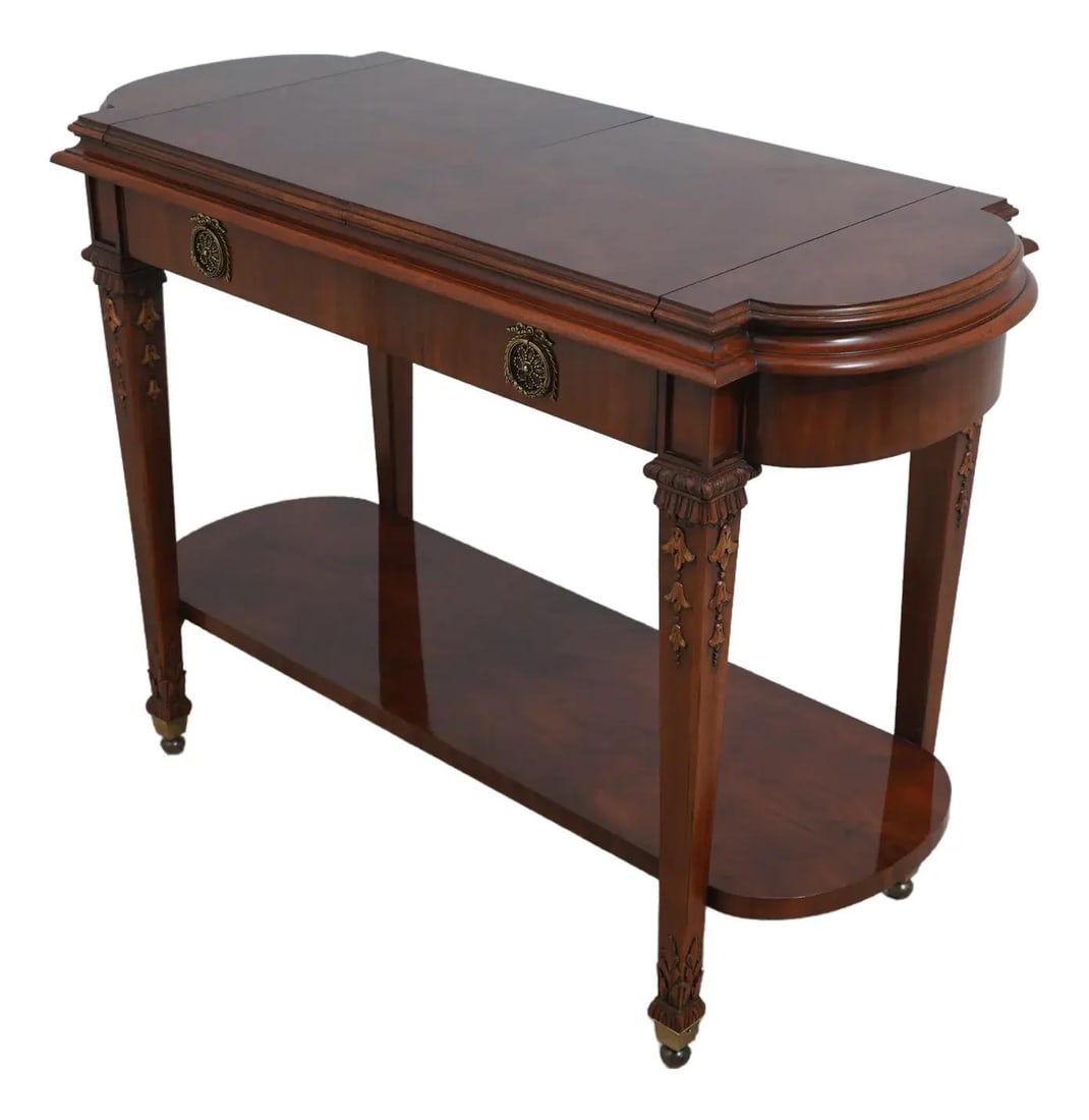 Karges French Louis XV Walnut Server with Brass Hardware: Karges French Louis XV Walnut Server with Brass Hardware This exquisite French Louis XV style walnut server, approximately 20 years old, showcases fine craftsmanship and elegant design. It features a 