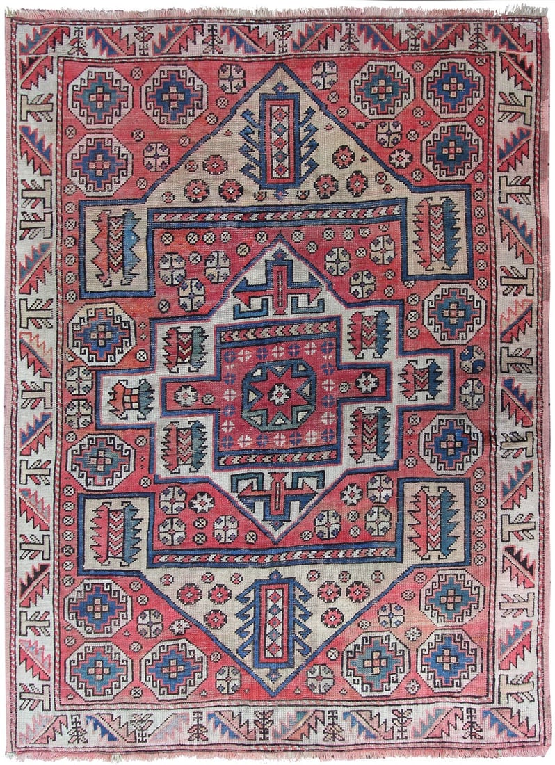 Circa 1890 Turkish Bergama Hand Knotted Wool Area Rug 147cm x 178cm: Circa 1890 Turkish Bergama Hand Knotted Wool Area Rug 147cm x 178cm Antique hand-knotted Bergama rug from Turkey with a Caucasian Kazak design and geometric tribal pattern. It is made of 100% wool wit
