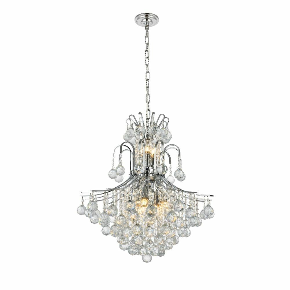 Toureg 11-Light Chrome Crystal Pendant 22 Inch: Toureg 11-Light Chrome Crystal Pendant 22 Inch This modern Empire-style pendant chandelier features a chrome-plated frame adorned with Royal Cut clear crystal balls, offering a striking focal point fo