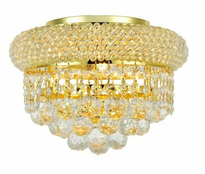 Primo 3-Light Gold Crystal Flush Mount Chandelier 10 inch: Primo 3-Light Gold Crystal Flush Mount Chandelier 10 inch This pre-owned crystal flush mount chandelier features a modern empire style design with a gold finish and high-quality royal cut clear crysta