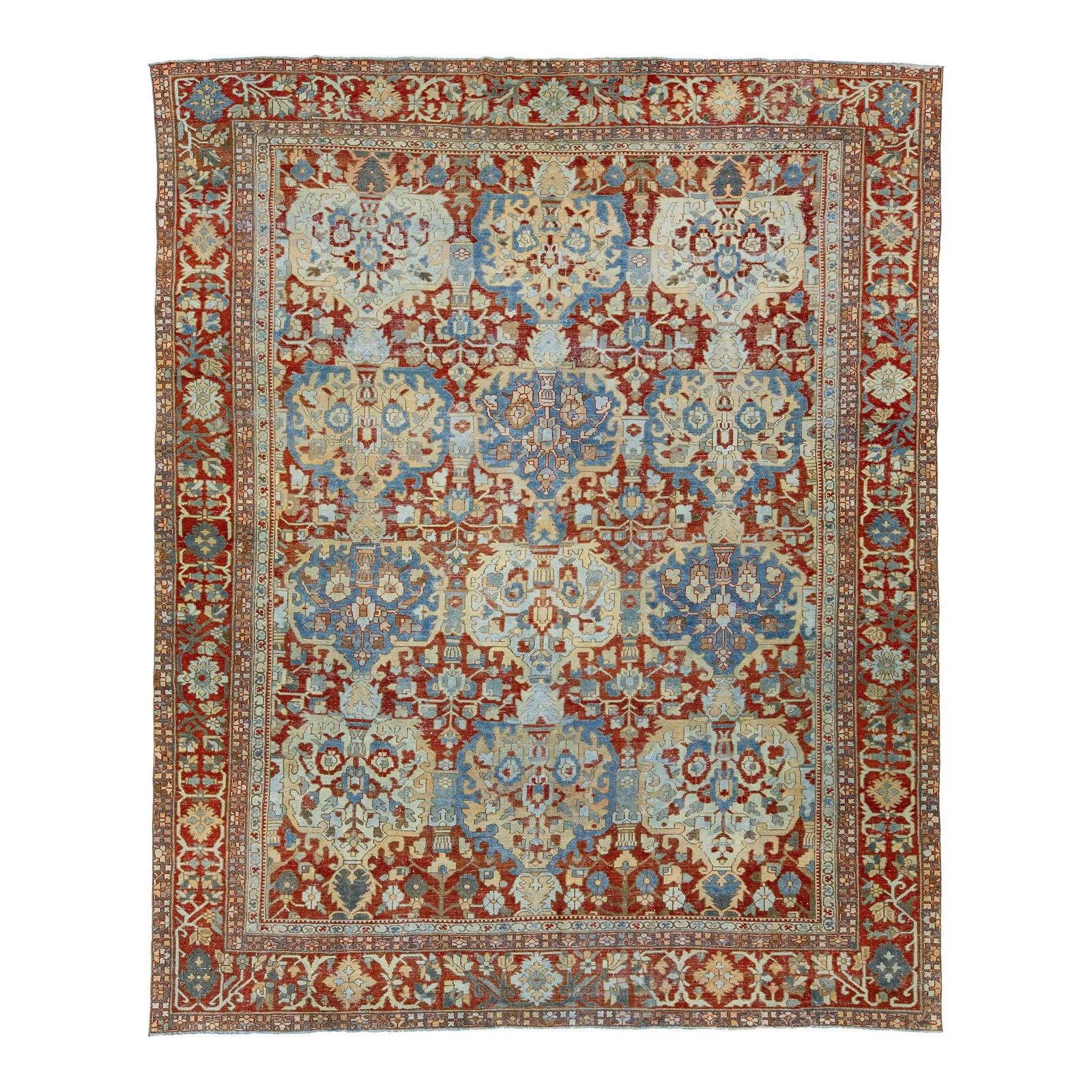 Antique Handmade Persian Bakhtiari Floral Wool Rug 12'5 x 15'5: Antique Handmade Persian Bakhtiari Floral Wool Rug 12'5 x 15'5 Enhance your living space with this beautiful antique Bakhtiari hand-knotted wool rug, showcasing a striking red-rust color field. The in