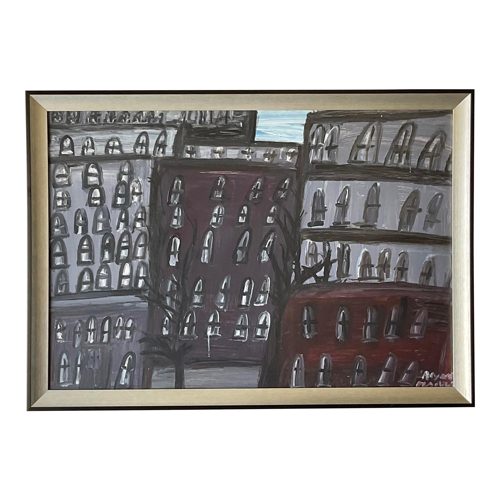 Vintage Boho Abstract Expressionism Oil Painting 32 x 42 Signed: Vintage Boho Abstract Expressionism Oil Painting 32 x 42 Signed This stunning vintage Boho oil painting features a captivating Abstract Expressionistic depiction of a city block, enriched by deep mood