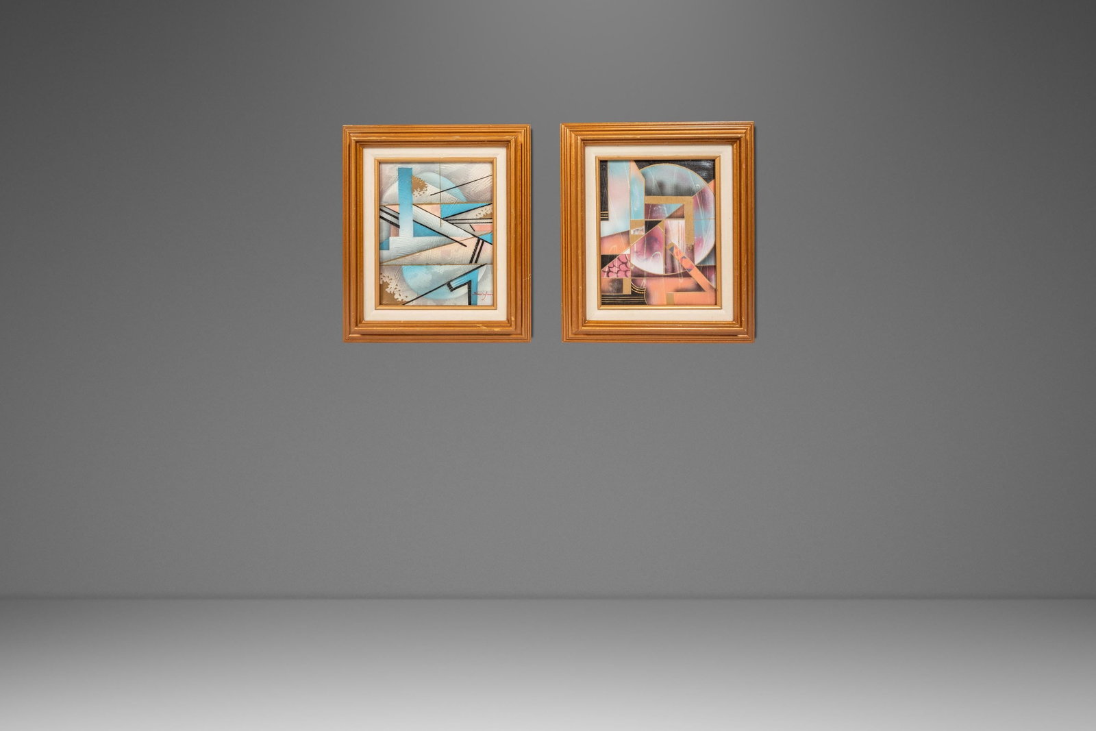 Fred Blassingham framed geometric abstraction paintings pair signed 1980s: Fred Blassingham framed geometric abstraction paintings pair signed 1980s This is a set of two matching, framed, and signed original oil on canvas paintings by Fred Blassingham from the 1980s. Each pa