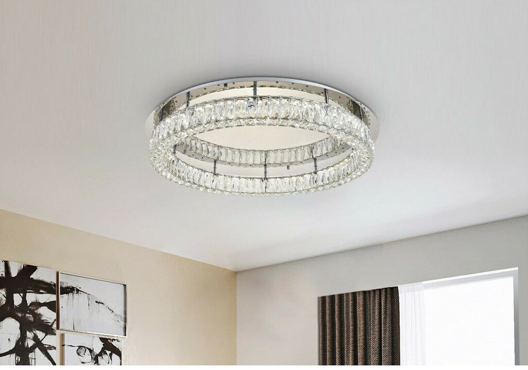 Monroe Chrome Crystal LED Flush Mount Ceiling Light 34 inch: Monroe Chrome Crystal LED Flush Mount Ceiling Light 34 inch This modern flush mount chandelier features a sleek chrome finish and is adorned with royal-cut clear crystals, creating a dazzling centerpi