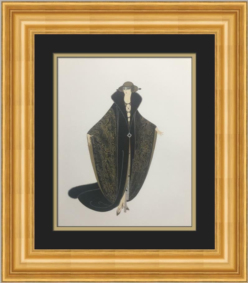 Framed Erte The Golden Cloak Art Deco Reproduction Print: Framed Erte The Golden Cloak Art Deco Reproduction Print This is a custom framed reproduction of Erte's The Golden Cloak, presented as a matted and framed art print in an Art Deco style. It features a