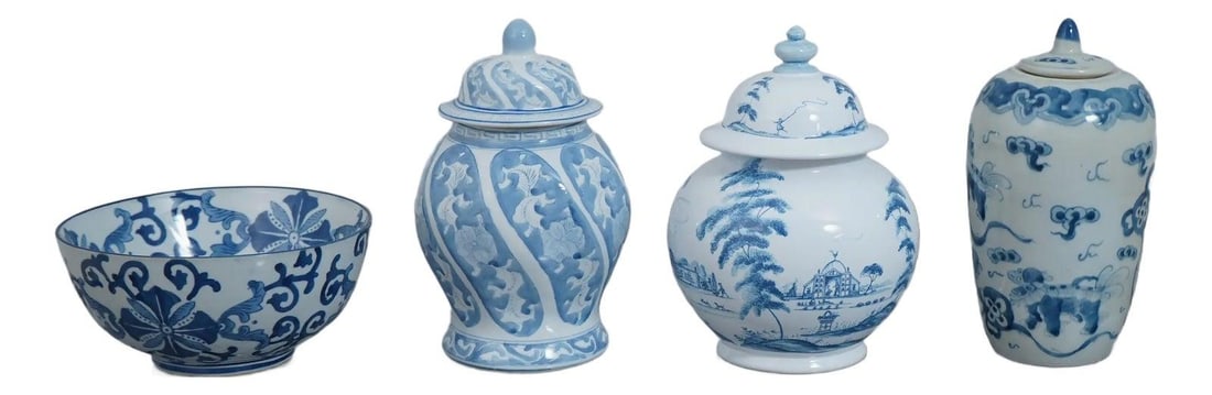 4 Piece Blue White Canton Ware Porcelain Set with Lidded Jars and Bowl (1 of 10)