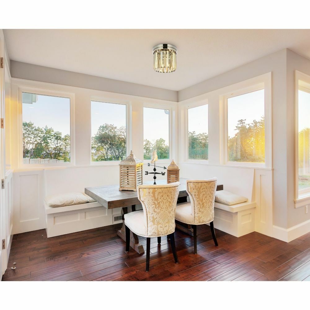 Sydney 3 Light Crystal Flush Mount Polished Nickel: Sydney 3 Light Crystal Flush Mount Polished Nickel This 3-light flush mount chandelier features a polished nickel finish with golden teak royal cut crystals. It is a hardwired indoor fixture with a co