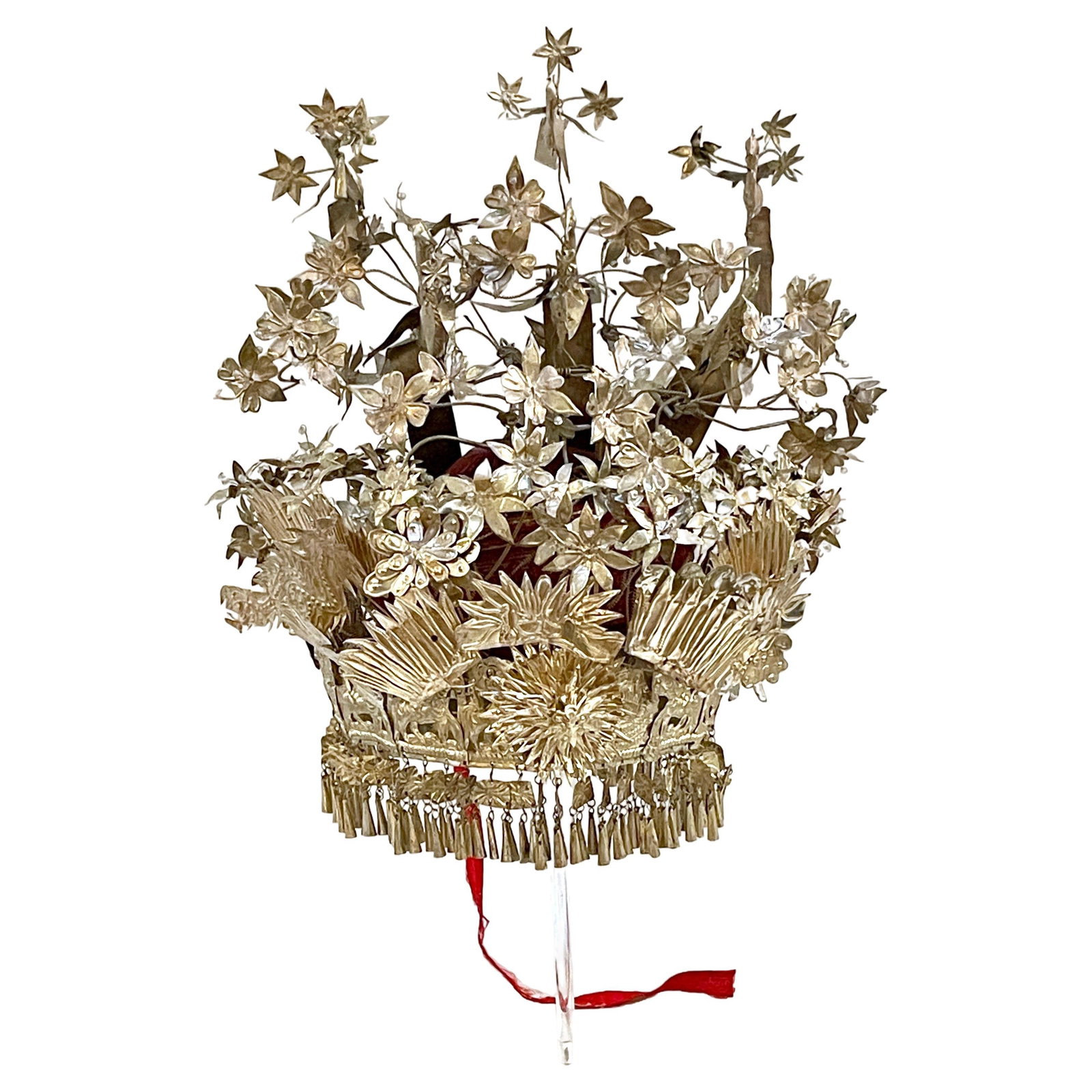 1920s Chinese Silver Leather Phoenix Headdress Opera Wedding: 1920s Chinese Silver Leather Phoenix Headdress Opera Wedding This exquisite Chinese Silver & Leather Theatre Opera/Wedding Tiered Phoenix Headdress, dating back to 1925, is a remarkable piece that ref