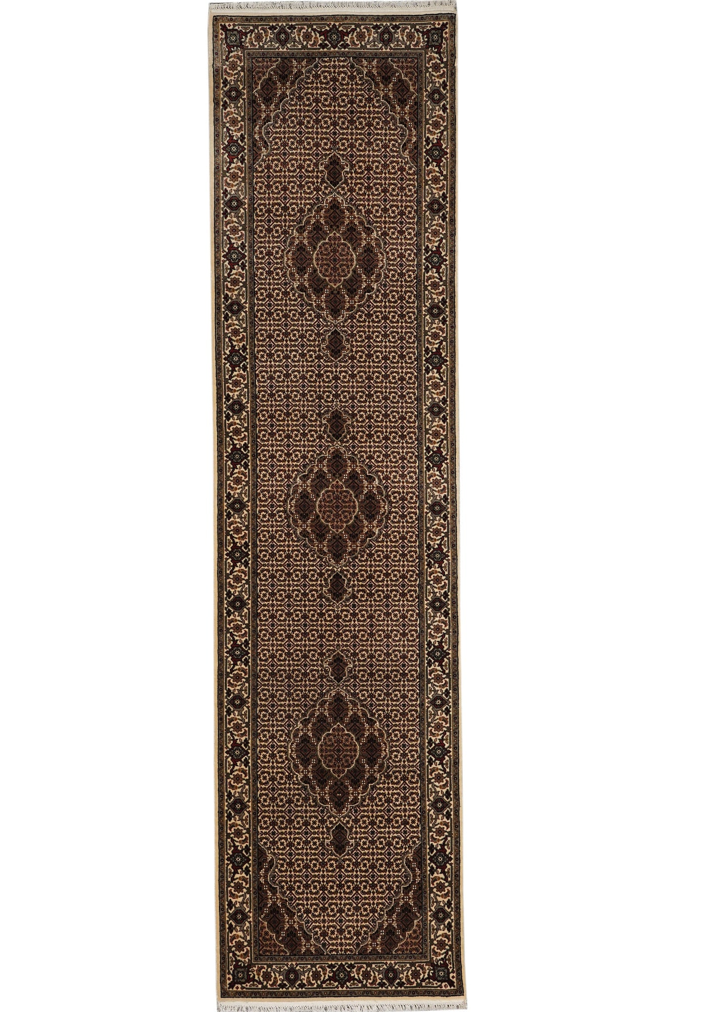 Tabriz Mahi Handmade Runner 2.6 x 10.1 Wool and Silk Persian Rug: Tabriz Mahi Handmade Runner 2.6 x 10.1 Wool and Silk Persian Rug Free continental US Shipping This Tabriz Mahi runner rug is a handmade Persian carpet crafted from a premium blend of natural wool and 