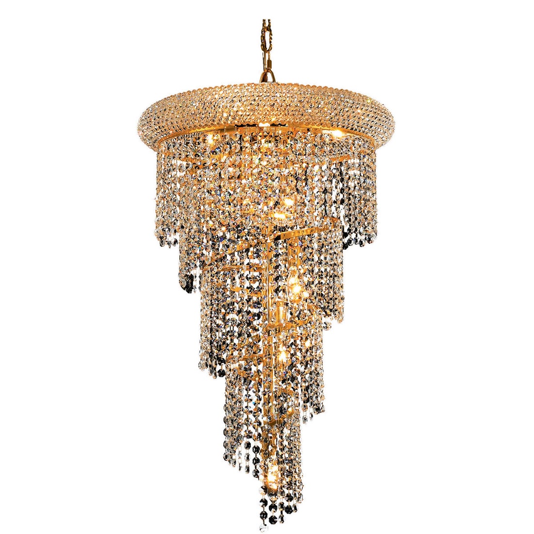 Gold Crystal Spiral Chandelier 26 Inch 8-Light Royal Cut: Gold Crystal Spiral Chandelier 26 Inch 8-Light Royal Cut This modern spiral crystal chandelier features a gold-plated finish and is designed to add a luxurious touch to foyers, dining rooms, and other