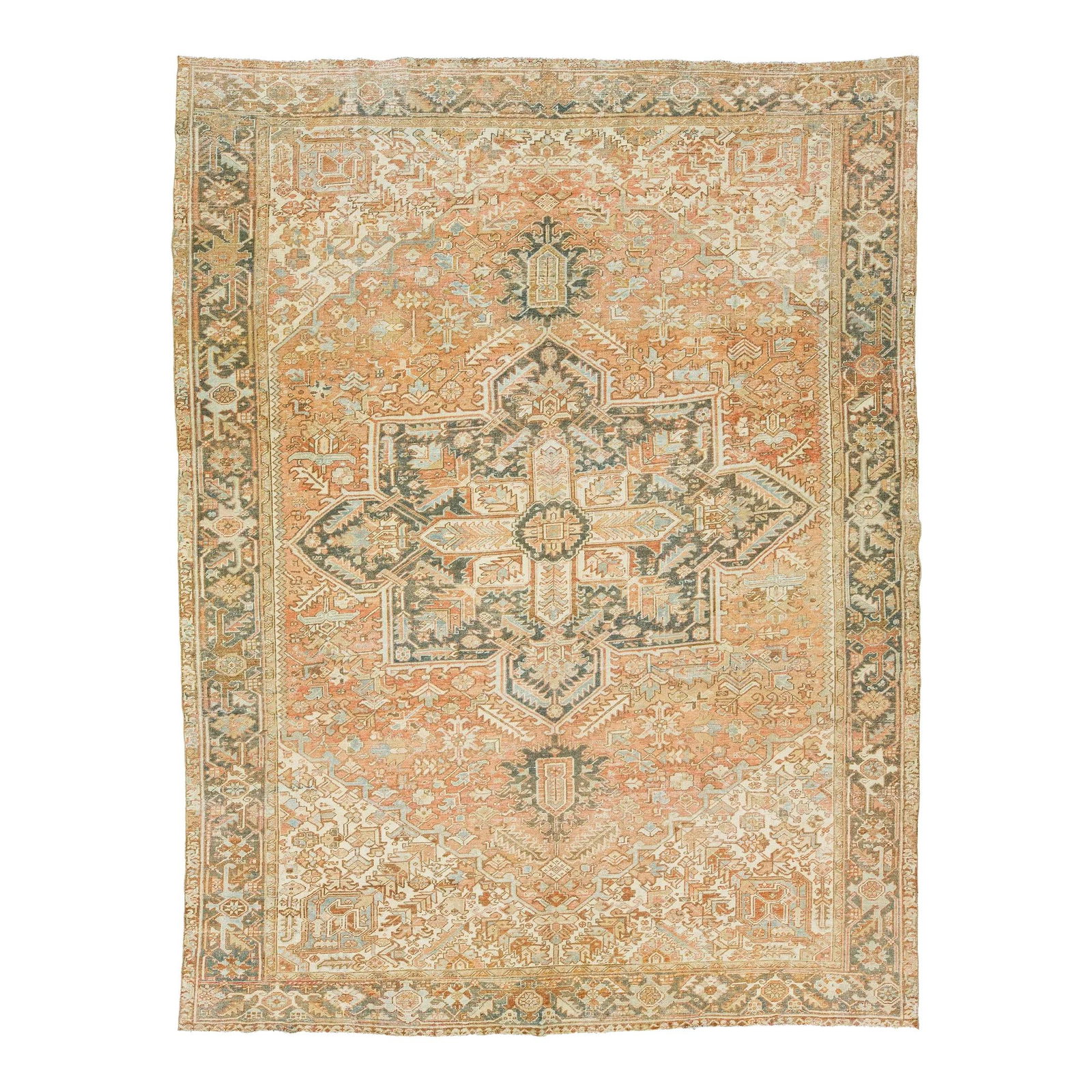 Antique Persian Heriz Wool Rug 9'7 x 12'7 Medallion Design: Antique Persian Heriz Wool Rug 9'7 x 12'7 Medallion Design Enhance your living space with this stunning antique Persian Heriz rug, meticulously crafted from hand-knotted wool. The rug showcases a beau