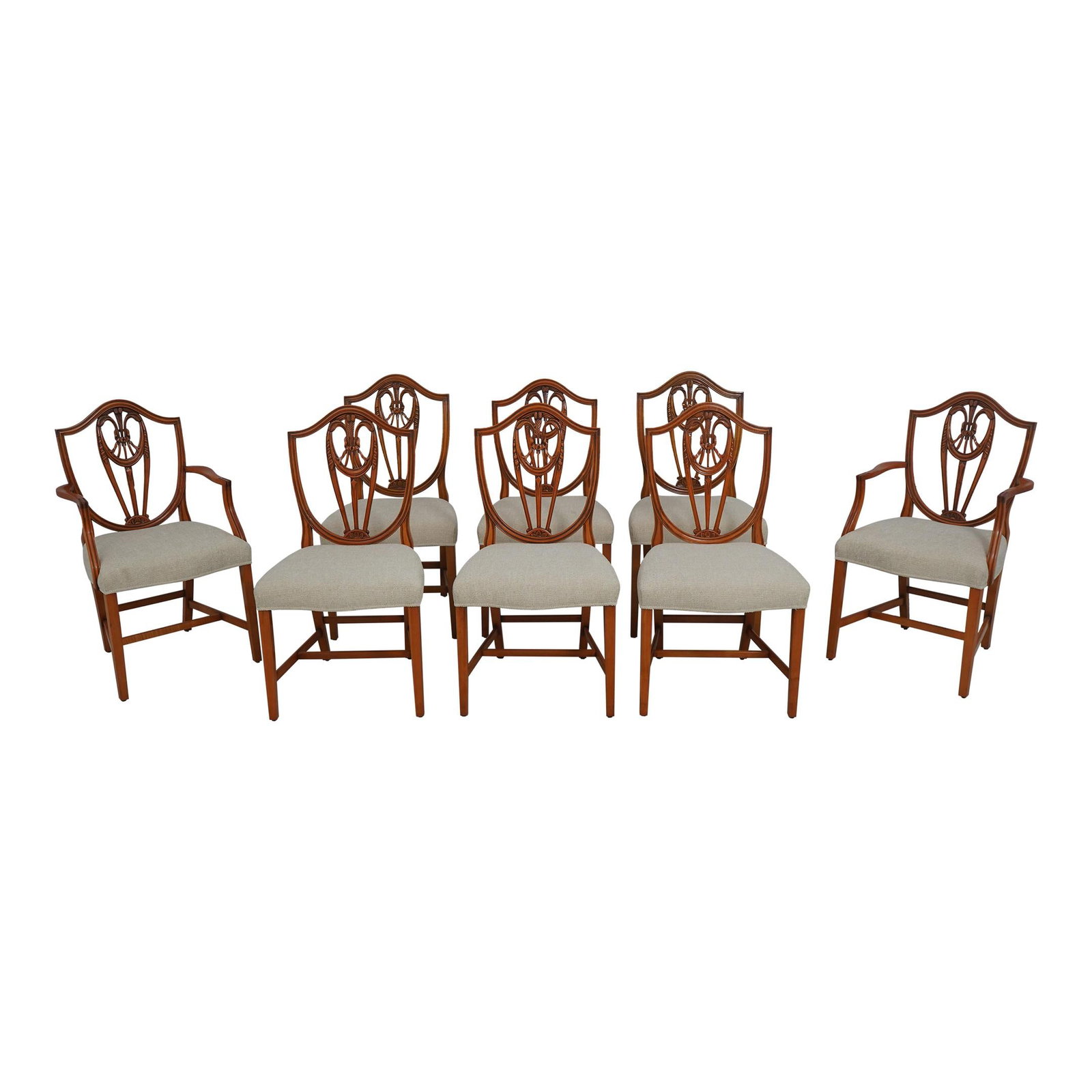 Set of 8 EJ Victor Satinwood Shield Dining Chairs: Set of 8 EJ Victor Satinwood Shield Dining Chairs This elegant set of 8 dining room chairs features a traditional shield design, crafted from high-quality satinwood. With a professional reupholstery c