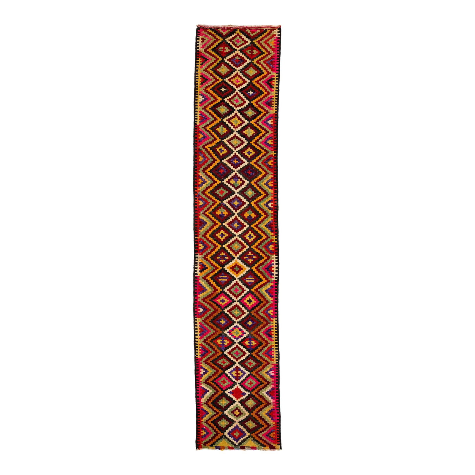 Handmade Multicolor Geometric Wool Kilim Rug 2'11" x 14'7": Handmade Multicolor Geometric Wool Kilim Rug 2'11" x 14'7" Enhance your space with this stunning handmade wool flatweave kilim rug, featuring a vibrant multi-colored field and an eye-catching all-over